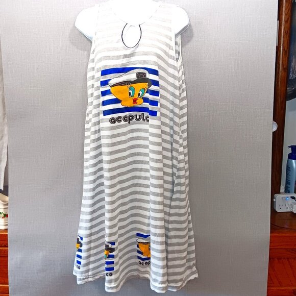 Tweety Bird Acapulco Nautical Striped Sleeveless XL Dress Keyhole Beach White - Picture 2 of 4